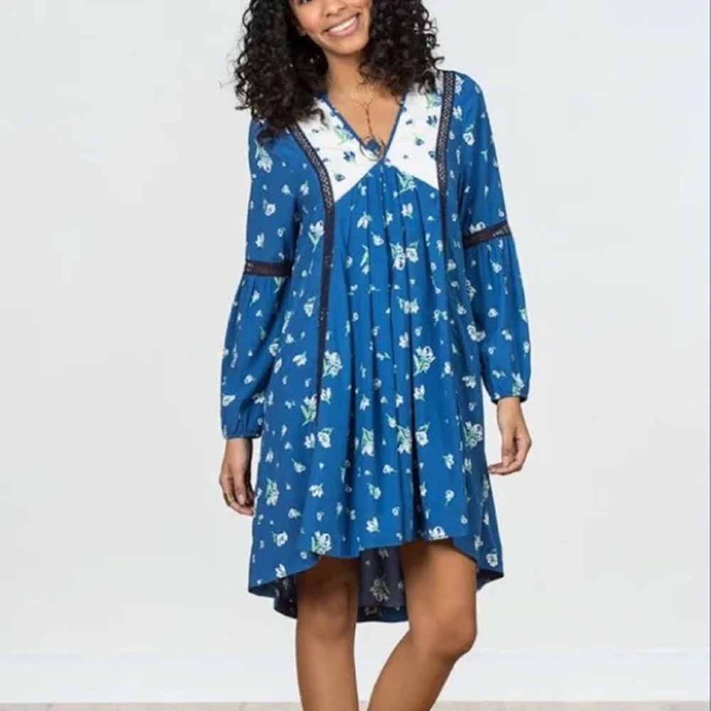 Matilda Jane Blue Day Tripping Floral High Low Dress Size L V Neck